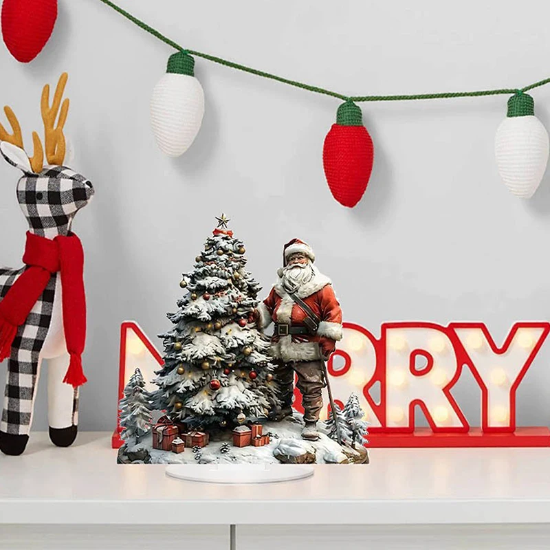 1pcs Christmas Reindeer Sleigh Santa Figurine 2D Acrylic Christmas Santa Claus On Sleigh Decoration Holiday Party Supplies