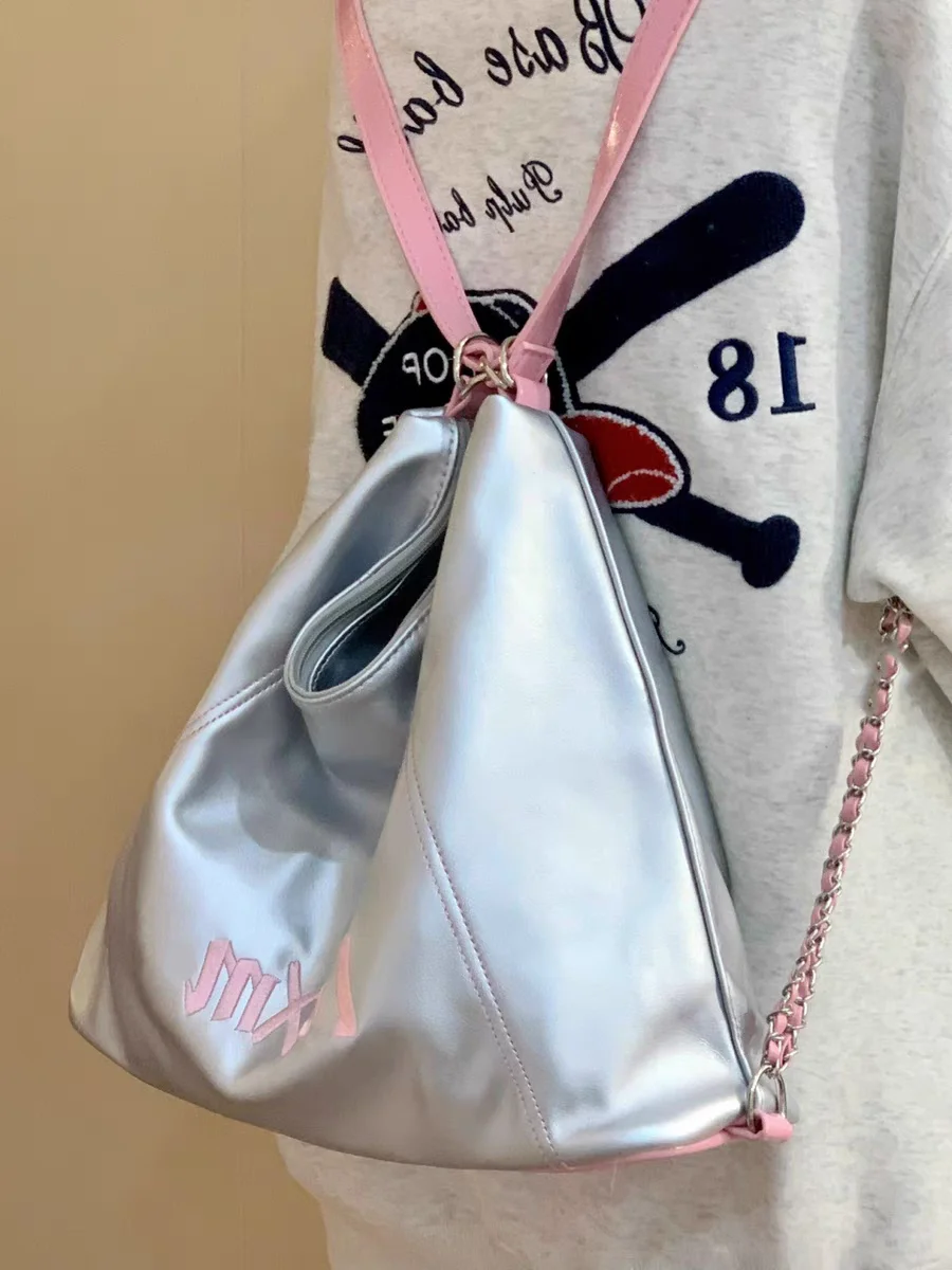 Texture Bright PU Leather Tote Bags Solid Color Backpack Silver/black Fashion Armpit Handbag Large-capacity Shoulder Bags Casual