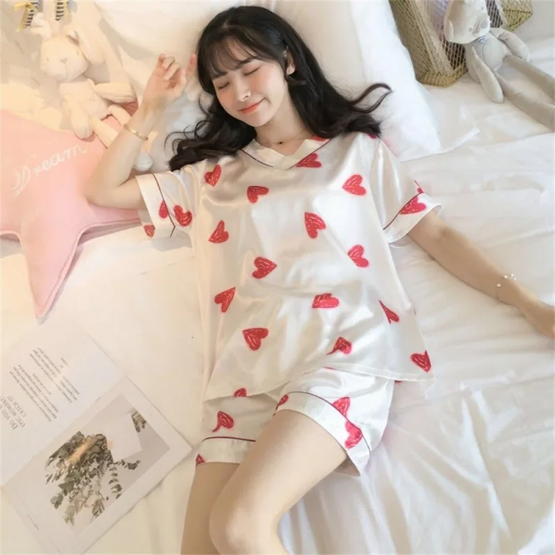 Pajamas Women's Summer Ice Silk V-Neck Short Sleeves Pyjamas Two Piece Suit Kaeva Pajamas Women's Home Clothes Sleepwear