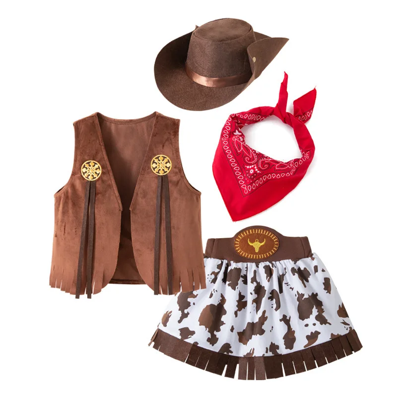 Halloween Cowgirl Costume for Girl Western Party Dress with Vest And Hat Set Kids Cosplay Princess Outfit for Christmas Carnival