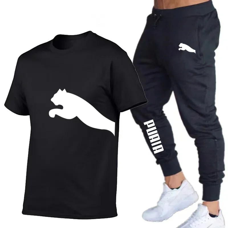 

2024Summer Men's Tracksuit Suit Brand Short Sleeve T-Shirt + Trousers 2-Piece Sets Fitness Jogging Sports Pants Sportswear Suit