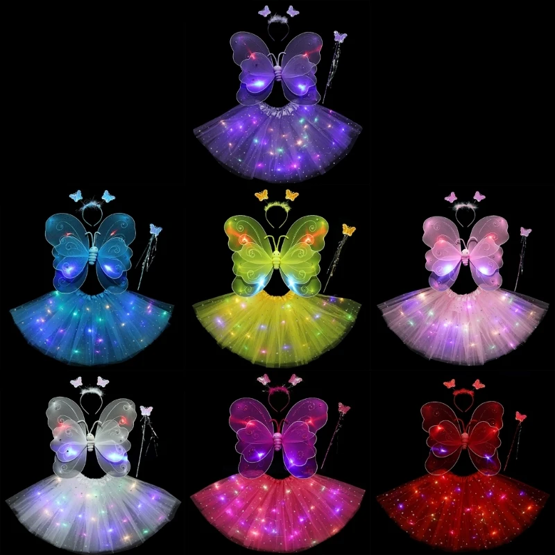 Children Girls Led Butterfly Wings Skirt with Wand Festival Party Costume Gift Drop shipping
