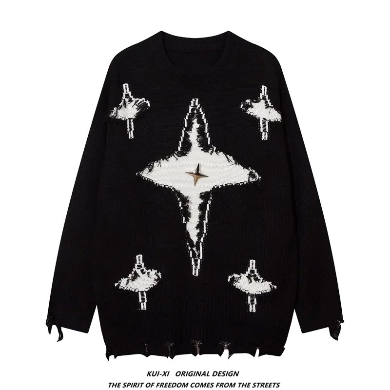Description Picture 4 of itemAutumn Winter Niche Metal Star Tassel Hole Sweater Men's Loose Casual High Street Sweaters Men Pullovers Male Clothes