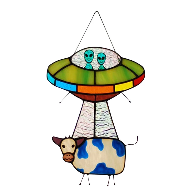 Painted UFO Pendant Cow Stained Glass Suncatcher Window Panel Door Hanging Garden Home Decoration