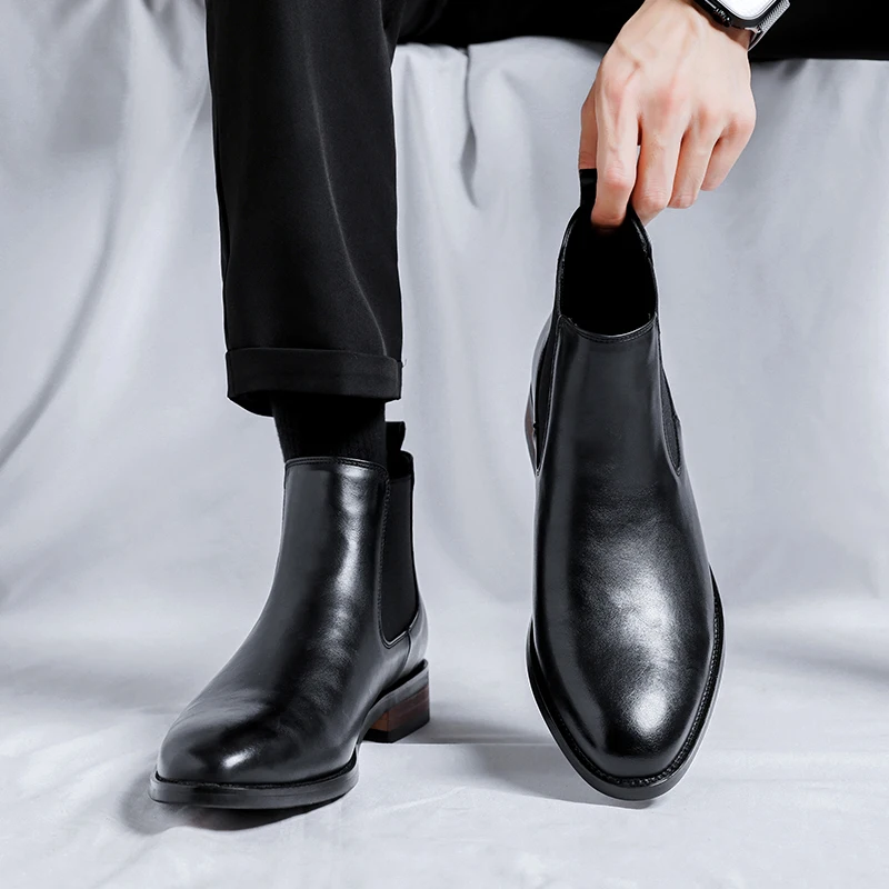 Santimen Men's Patent Leather Chelsea Boots - Mid Calf Dress Boots With Side Zipper