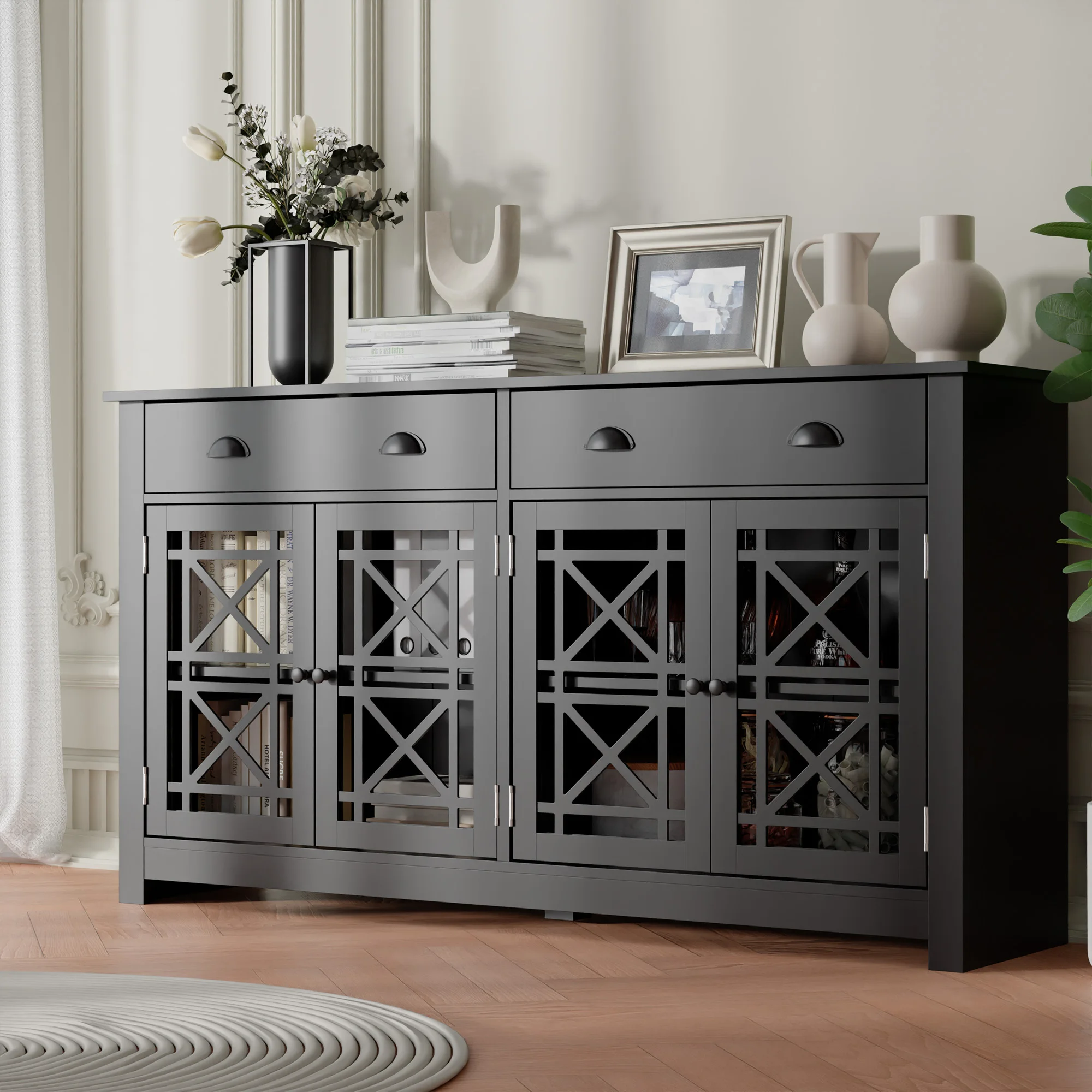 Modern Buffet Cabinet with Drawers, Wood Sideboard Buffet Cabinet with 4 Acrylic Glass Doors, Freestanding Bar