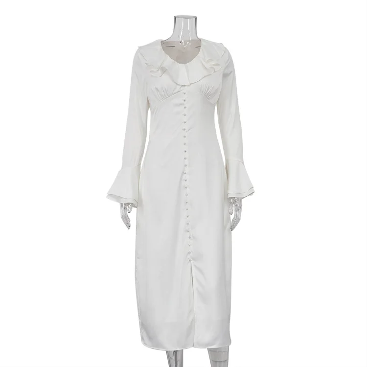 Ruffled Elegant For Women Long Dress Fashion V-Neck Patchwork Long Sleeve Slim Party Dress Gown White Spring Maxi Dress
