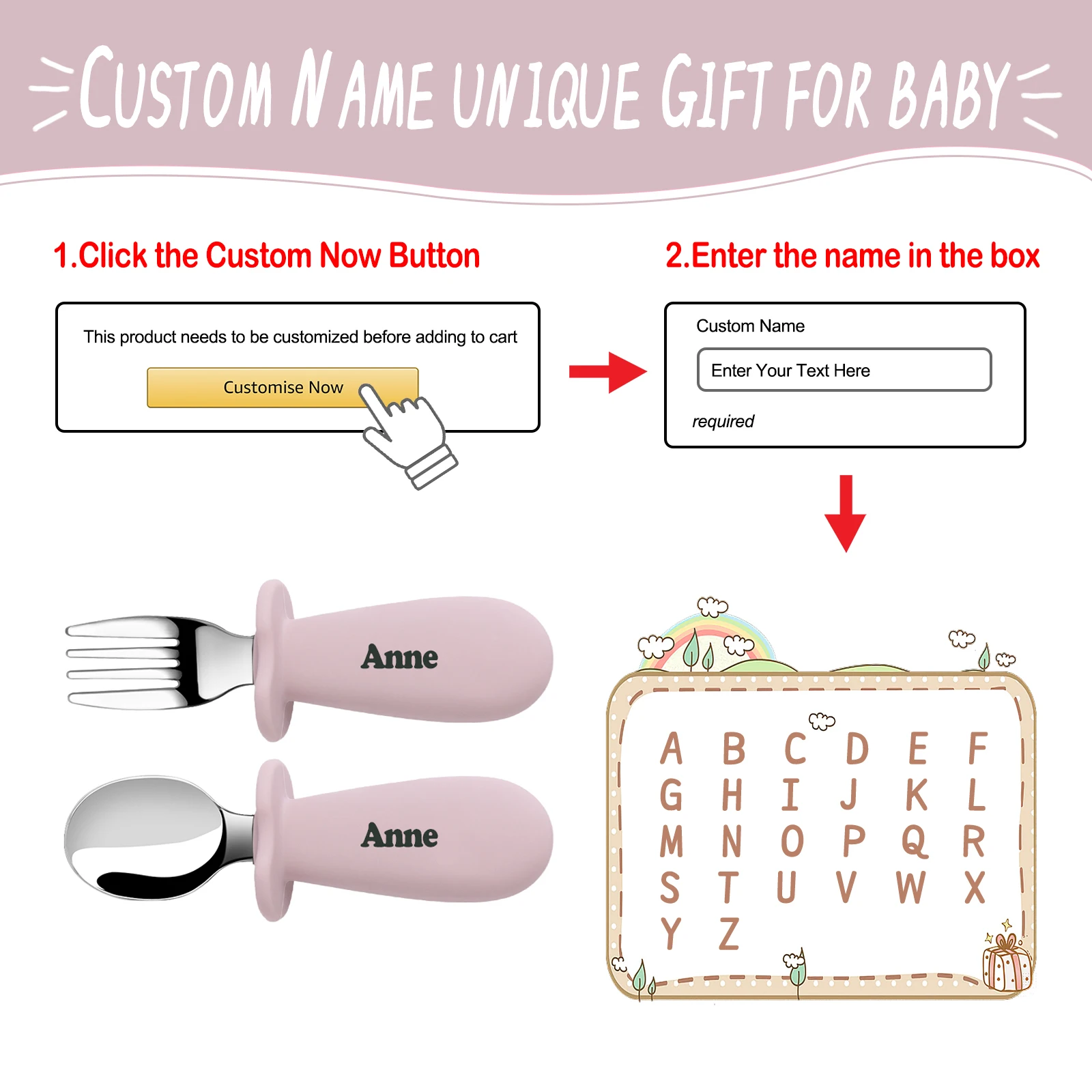 Support DIY names Baby Tableware Set Children Utensil Stainless Steel Toddler Dinnerware Cutlery Infant Food Feeding Spoon Fork
