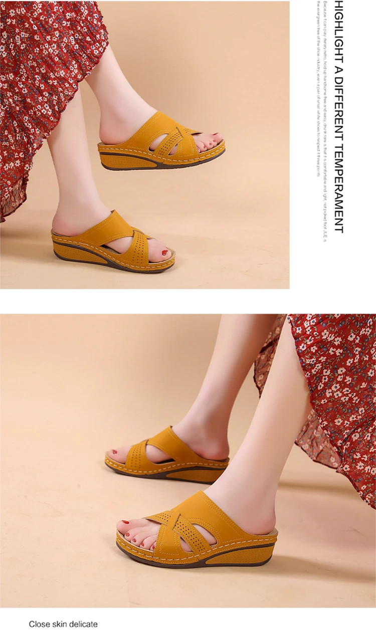 2026 Damen Sommer Keilabsatz-Sandalen mit offener Zehenpartie, Vintage Anti-Rutsch Leder Casual Plateau Retro 5cm Absatz Pantoletten – Detail 7