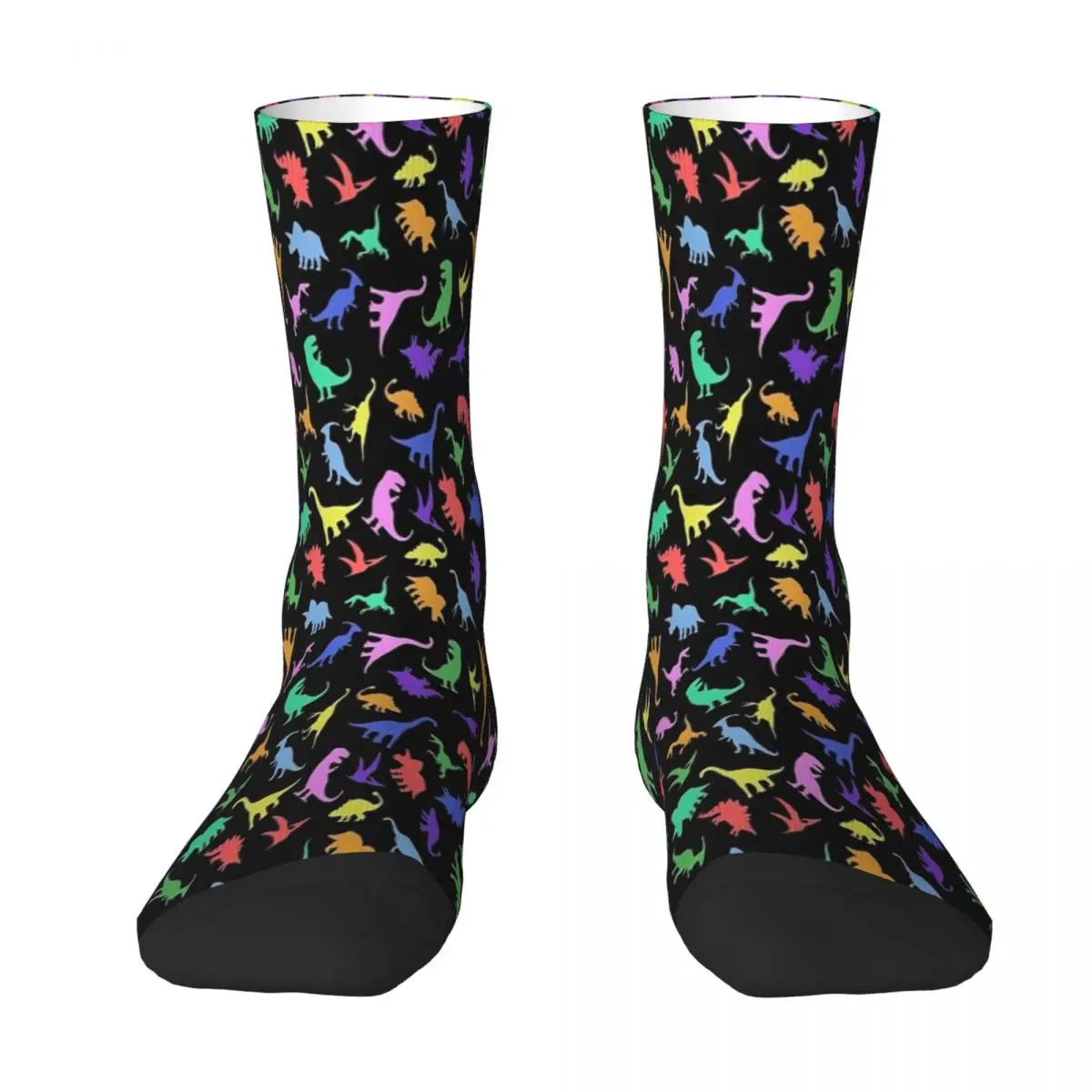 thumbnail image 1 of Calcetines largos hasta la rodilla con estampado de dinosaurio divertido (fondo negro) para hombre, calcetines para parejas, calcetines de estilo hip hop con personalidad para patinetas, 1 of 5