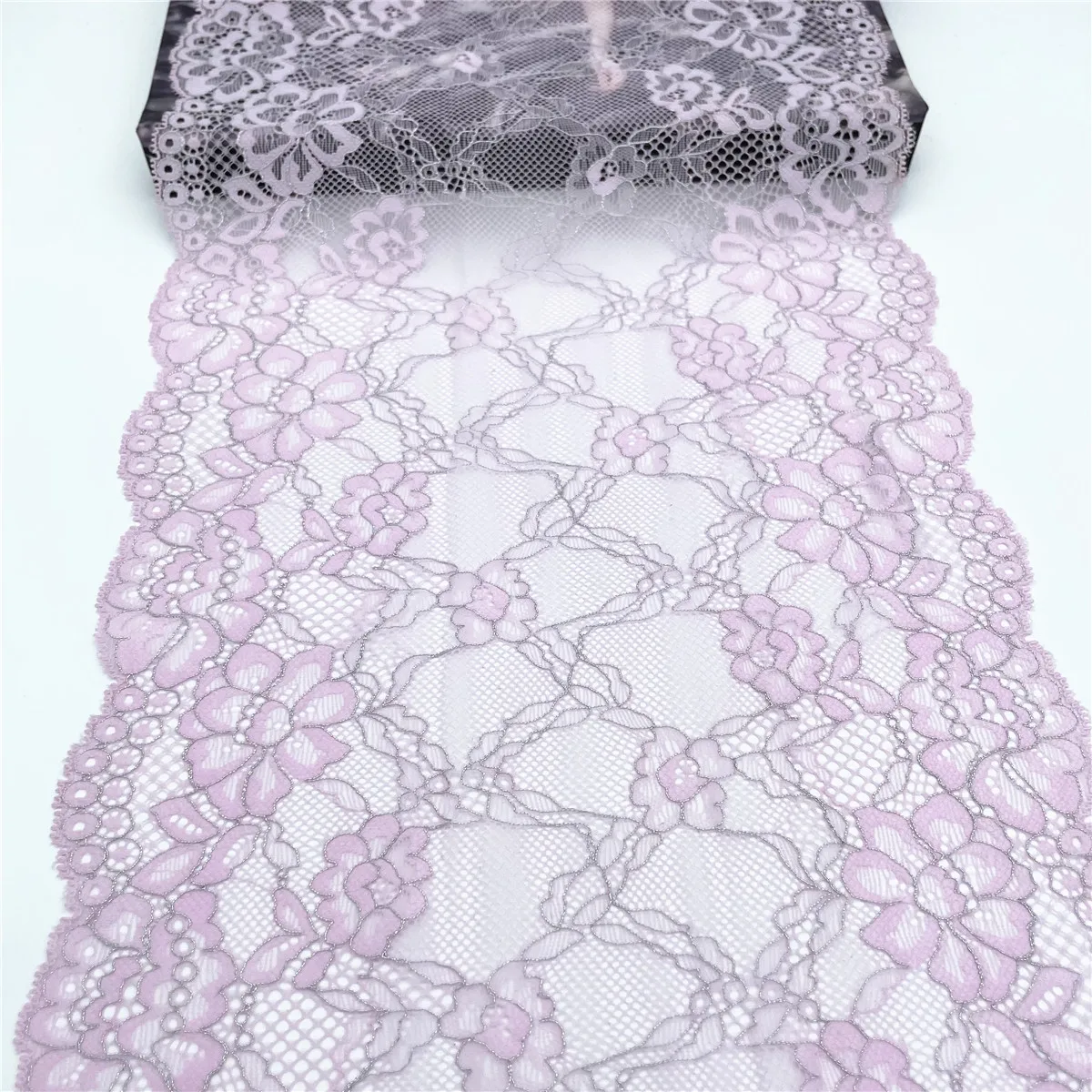 3y/lot 24cm Pale Pink Silver Stretch Lace Fabric 5
