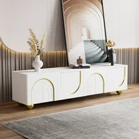 ​ ​ Белый шкаф для телевизора 170 см, низкая панель с текстурированными дверями и золотыми акцентами — современный с открытой полкой и круглыми золотыми ножками ​ ​ — изображение 3