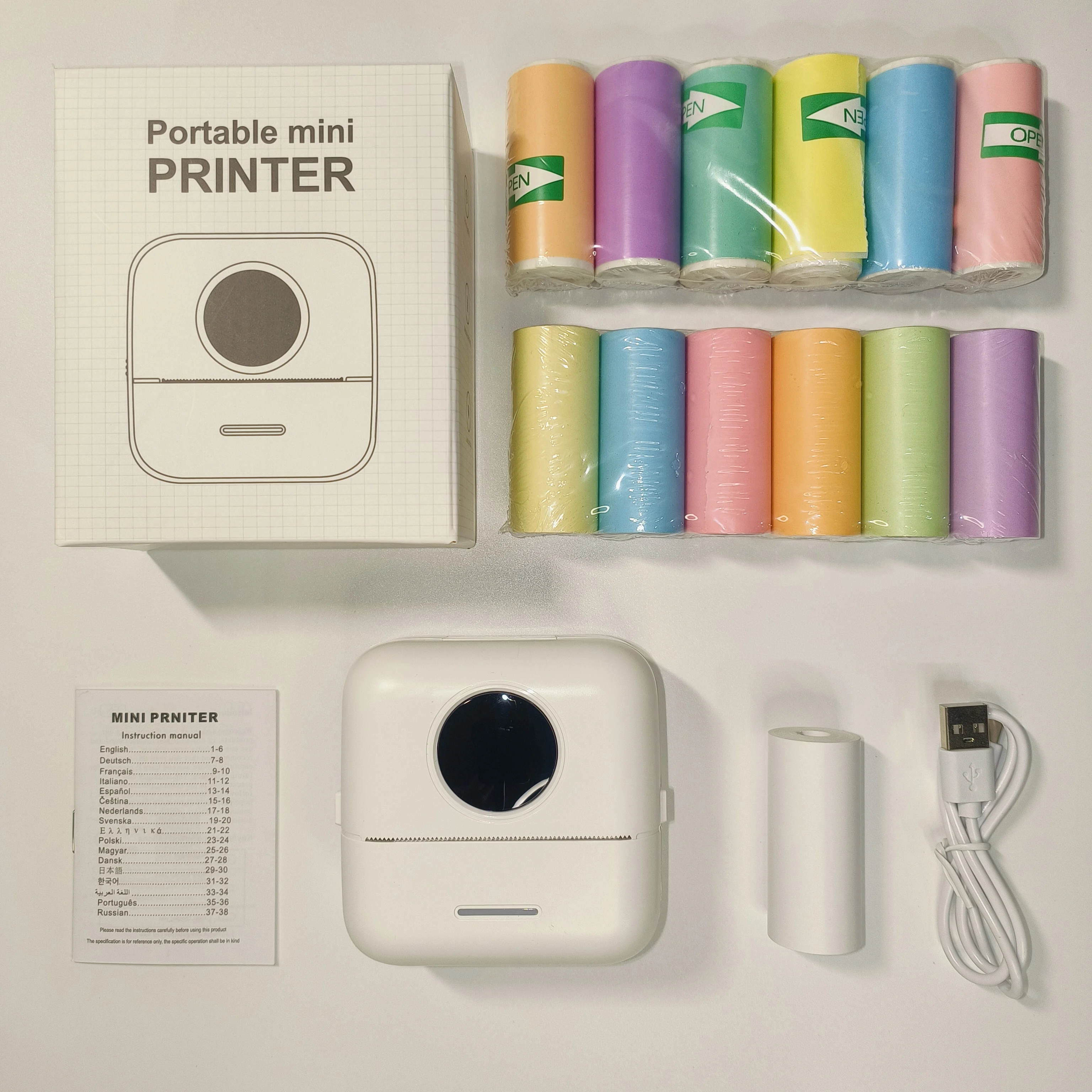 귀여운 휴대용 무선 미니 프린터 라벨 메이커 키트 (6색 감열지 및 6개 스티커 롤 포함), 야외/파티/부모님께 이상적