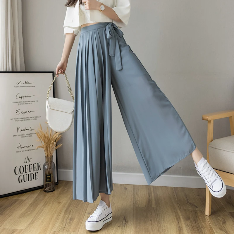 2021 Spring Summer New Style Korean Women Pleated Chiffon Trousers 2022 High Waist Pants Hakama Casual Wide Leg Pantalones