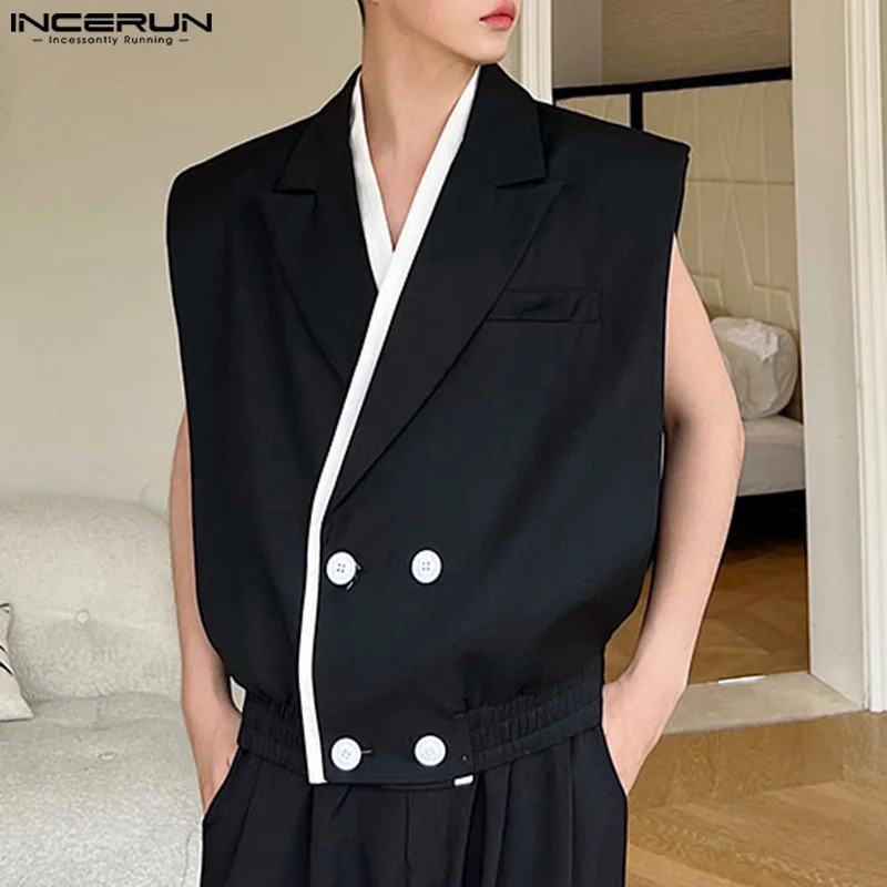 INCERUN 남성용 패치워크 라펠 민소매 조끼, 더블 브레스트, 캐주얼 남성..
