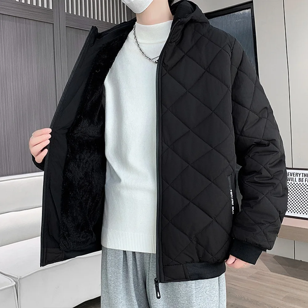 Jackets for Men Blue Hood Fall Winter Cotton Padded Jacket Fashion Clothing Rhombus Texture Casual Parkas Plus Size 5XL