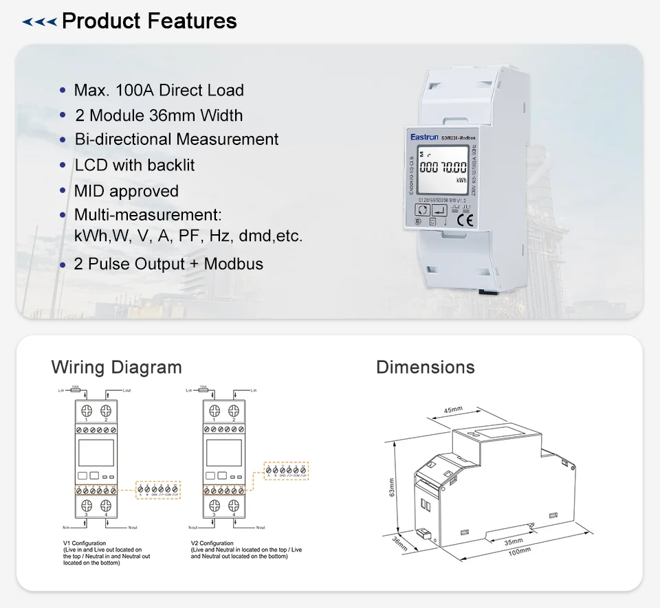 EASTRON SDM230 MID Single Phase Energy Meter, 230V, RS485 Modbus, Pulse ...
