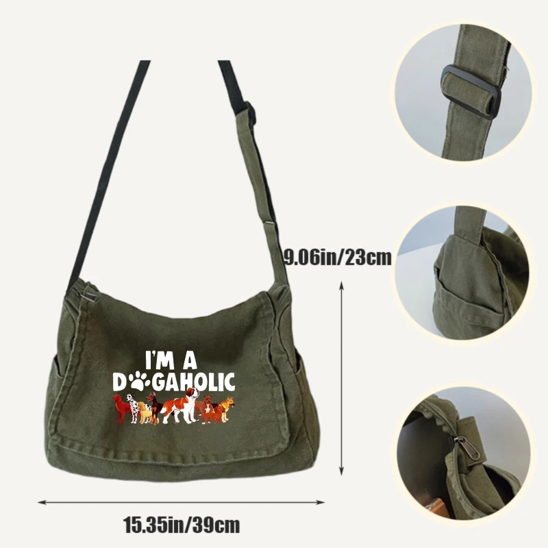Casual Women's Shoulder Bag Dog Print Large Capacity Messenger Bag Canvas Crossbody Bag for Daily Use