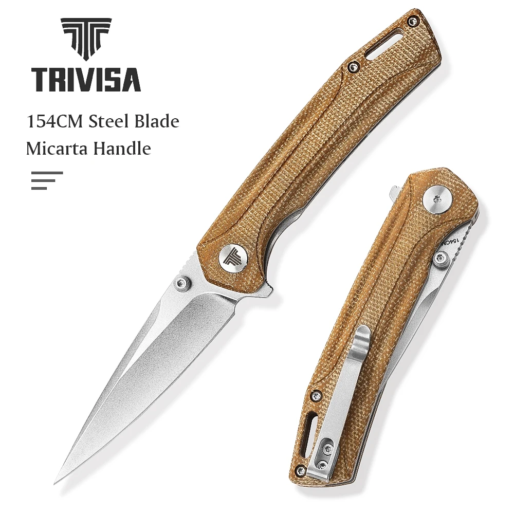 

TRIVISA Folding Knife for Men，EDC Flipper Knives with Pocket Clip, Outdoor Camping Tool，3.26" 154CM Steel Blade & Micarta Handle