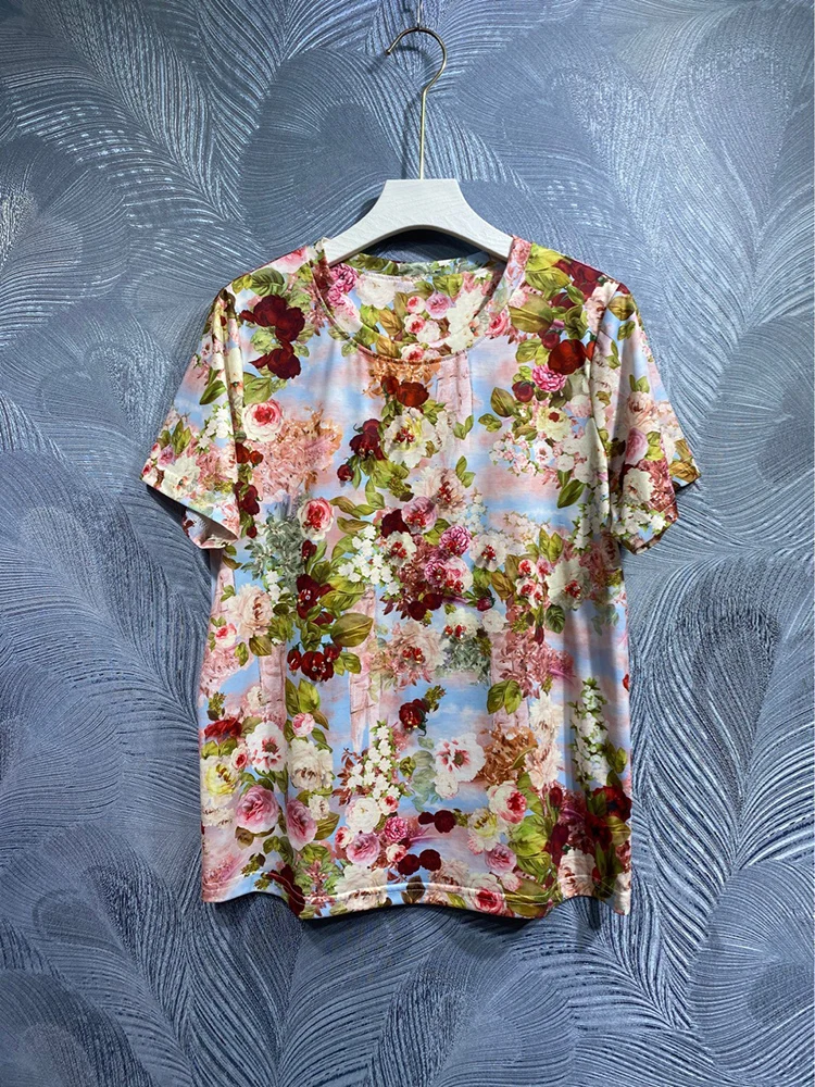 

Women Sweets T-shirt Summer Fashion Flower Printing Top O-Neck Short Sleeve Beading Casual Laptops