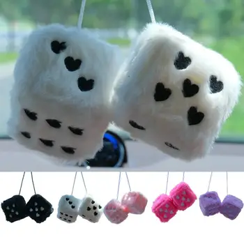 Dice Car Ornament 1 Pair Plush Car Interior Dice Lucky Heart Embroidery Design Dice Soft Pendant Fuzzy Dice For Bedroom Ornament 1