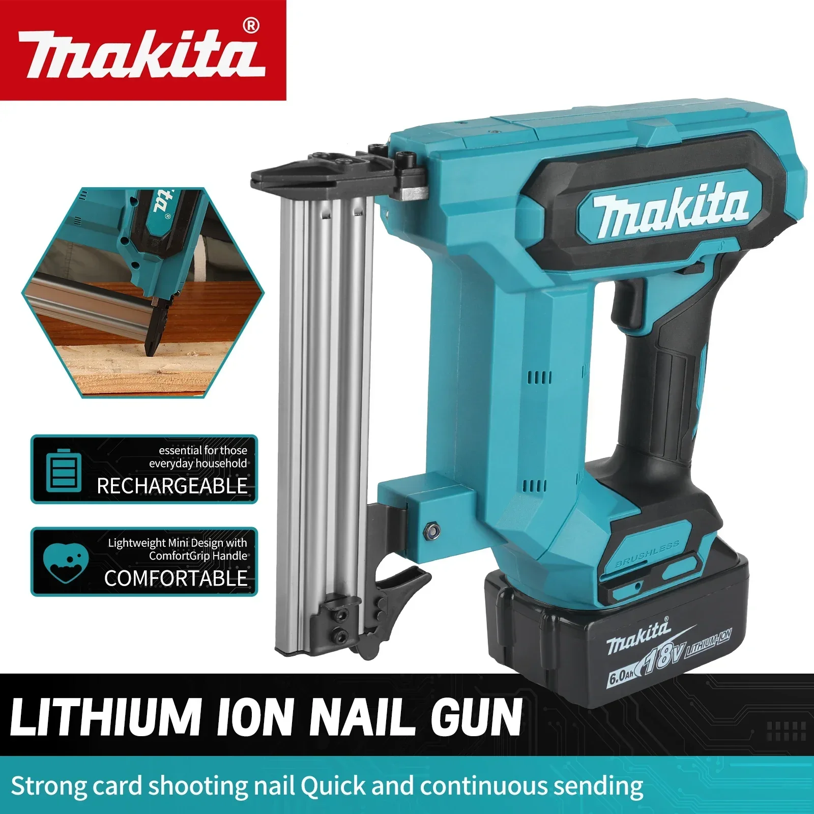 Nail Gun Makita Lithium-Ion 18V 6.0Ah Battery 100-Nail Capacity Cordless For Flooring Shelving DIY Wood Projects