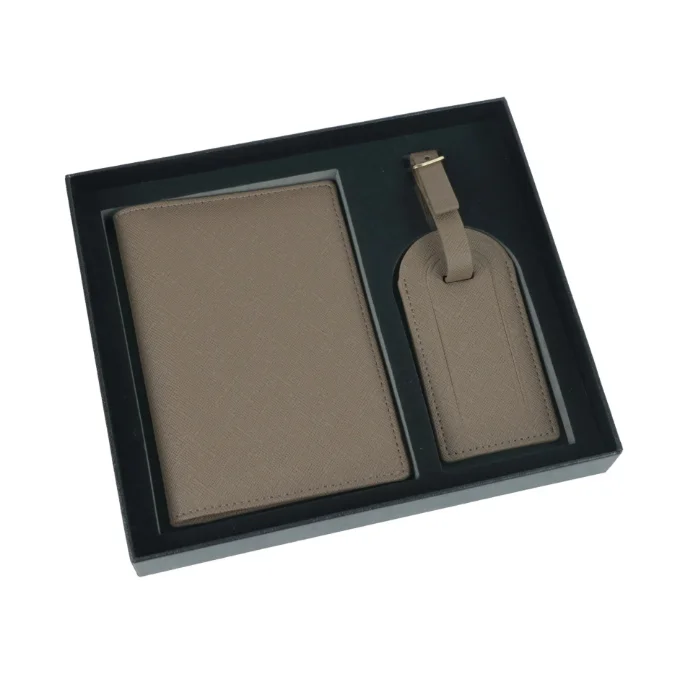 Saffiano Travel Duo: Minimalist Passport and Ticket Holder with Luggage Tag in Gift Box Set