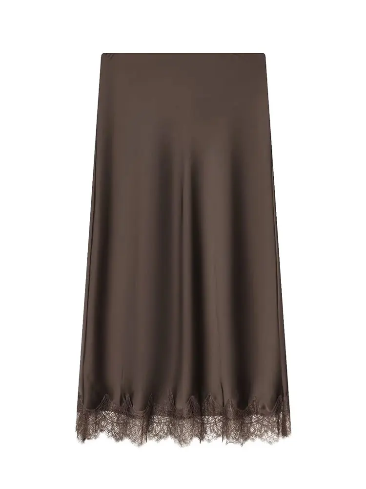 HH Women Elegant Fashion Lace Hem Skirt Luxury Satin High Waist Straight Midi Skirt Woman Evening Party Dinner Skirts Mujer