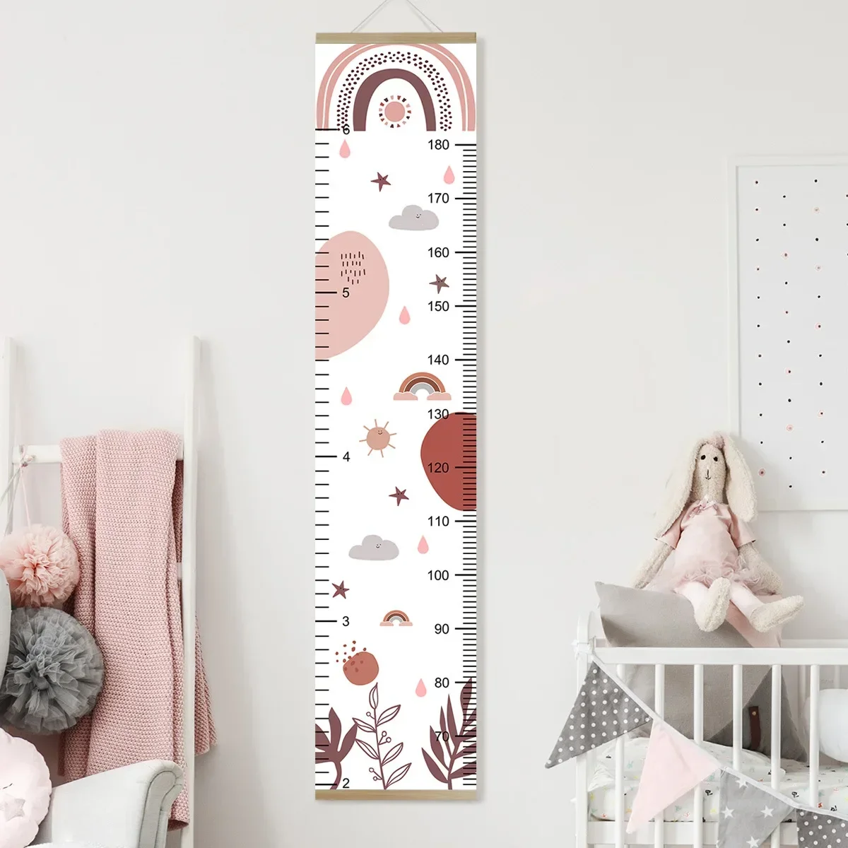 Kids Growth Chart Rainbow Height Measurement Ruler Kid Room Wall Decor Hanging Tracker Girls Nursery Decoration with Wood Frame