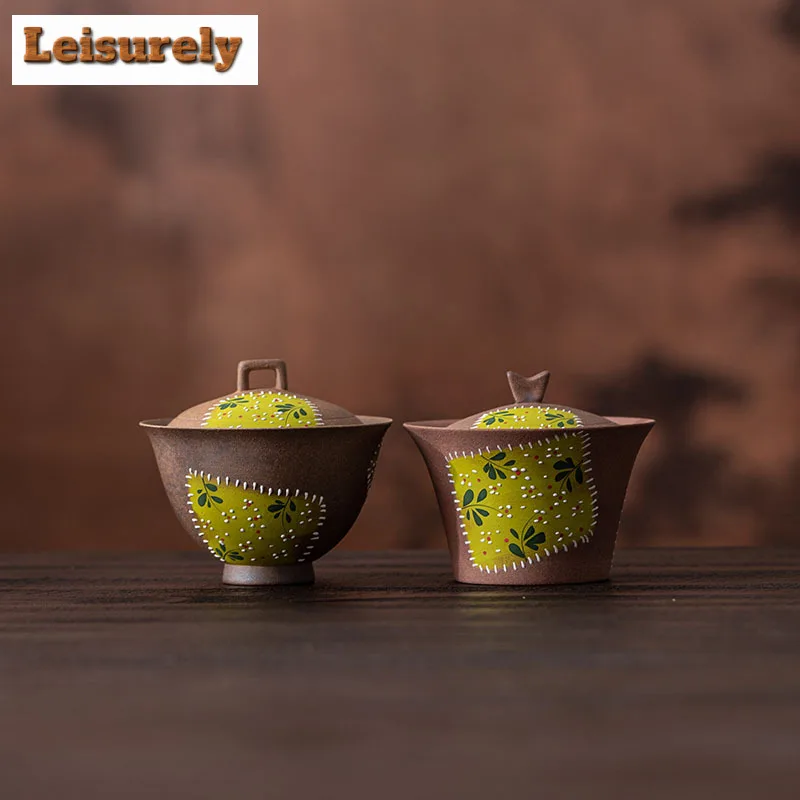 Hand-painted Daisy Patchwork Old Rock Clay Gaiwan Creative Tea Tureen Tea Bowl With Lid Kit Tea Brewing Cover Bowl Teaset Craft