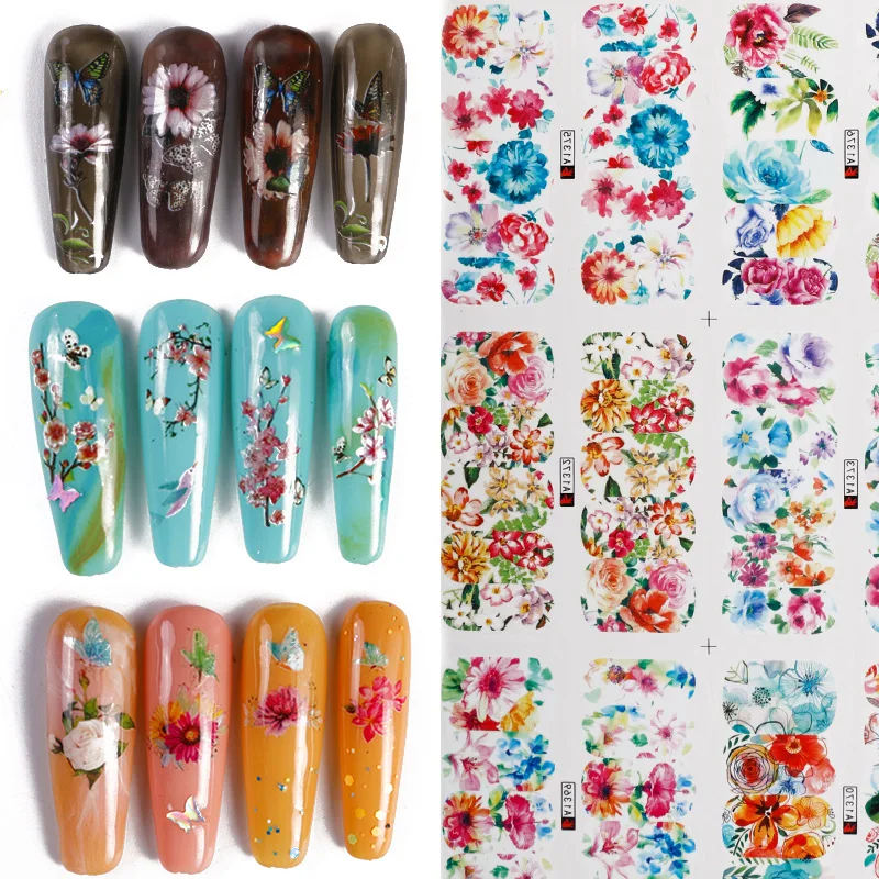 

12sheets Popular Pictures Watercolor Floral Flower Nail Sticker Nail Decals Set Designs Gel Manicure Decoration Water Slider