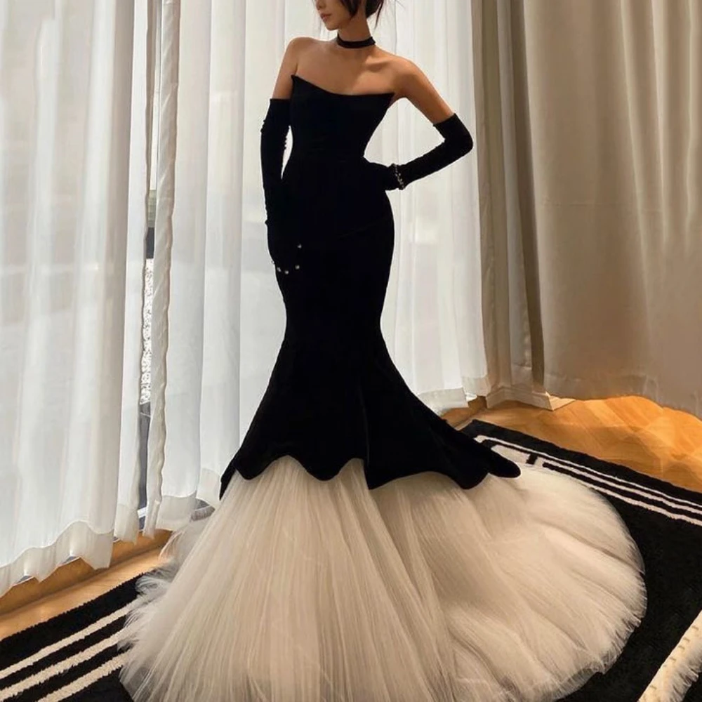 

Vintage Party Dress For Women Tulle Strapless Elegant Evening Gowns Mermaid Court Train Floor Length Prom Dresses فساتين سهرة