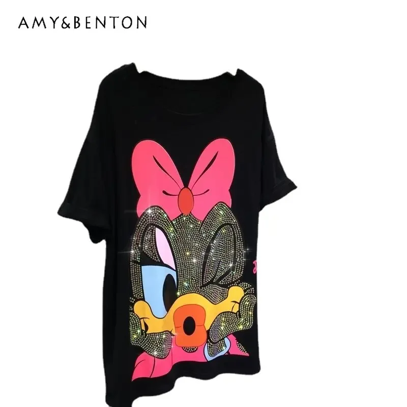 

Potdemiel New Heavy Embroidery Diamond Drills T-shirt Cute Loose O-Neck Mid-Length Large Board Plump Girls Cartoon Tops Tshirts