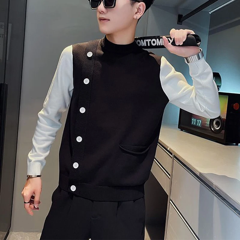 Autumn Winter Korean Fashion Stand Collar Knitting Patchwork Sweater Ladies Fake Two Pieces Top Women Buttons Pullover Jumpers