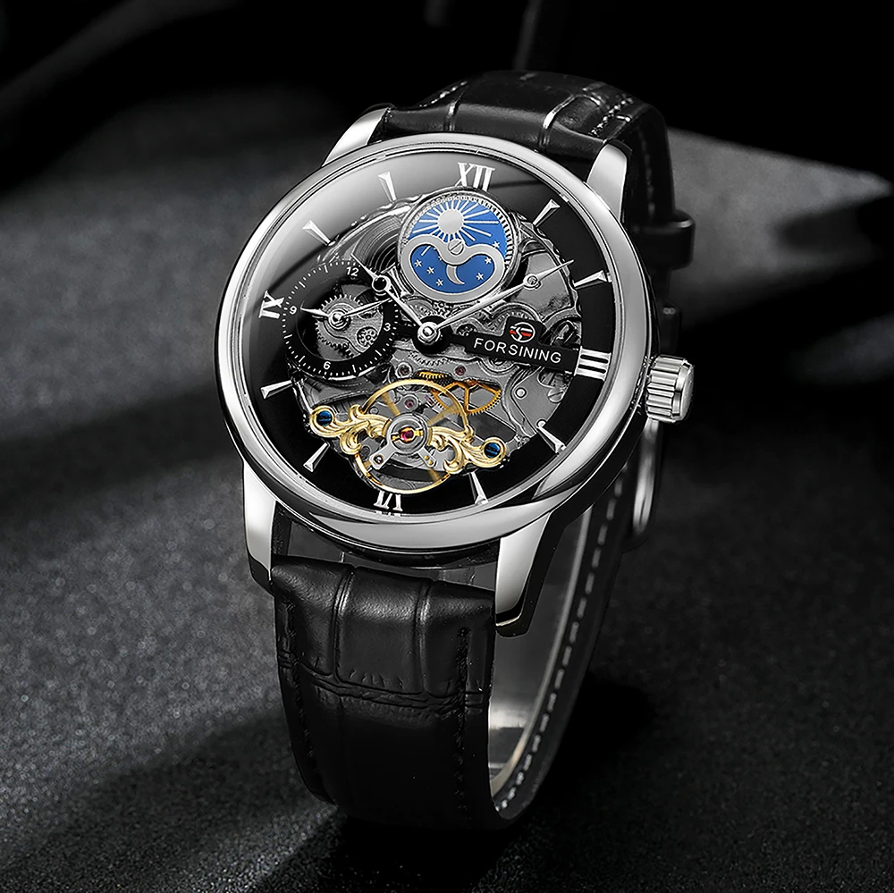 Tourbillon Skeleton Watch for Men Dual Time Zone Moon Phase