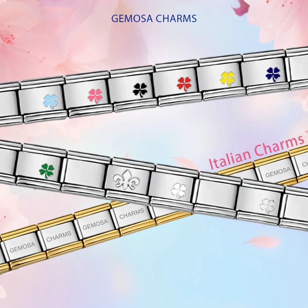 GEMOSA Großhandel Silber Farbe Glück Gras Charme Italienischen Link Fit 9mm Edelstahl Schmuck Machen DIY Perlen Frauen Männer armband