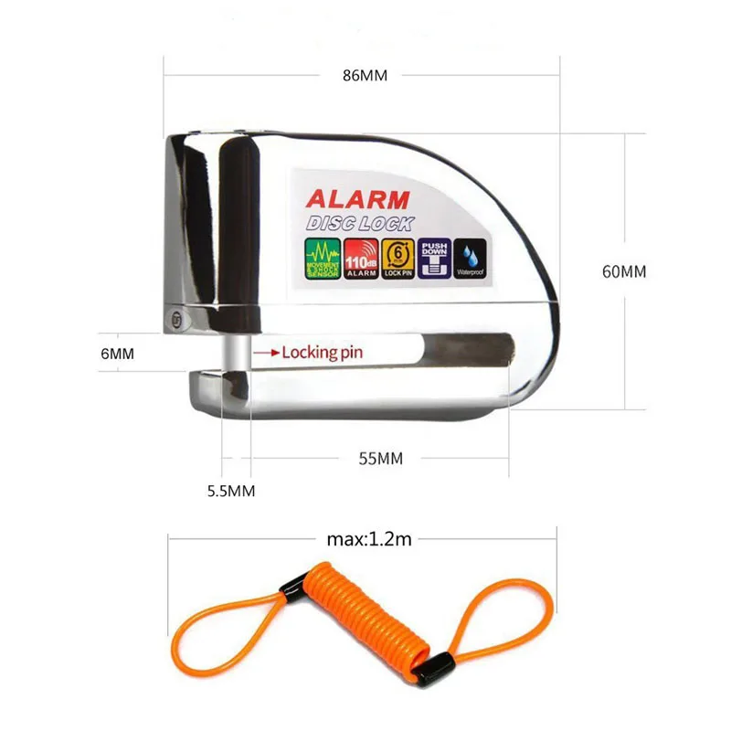 Bike Alarm Lock Motorcycle Disc Brake Lock 110db Loud Security Waterproof Bicycle
