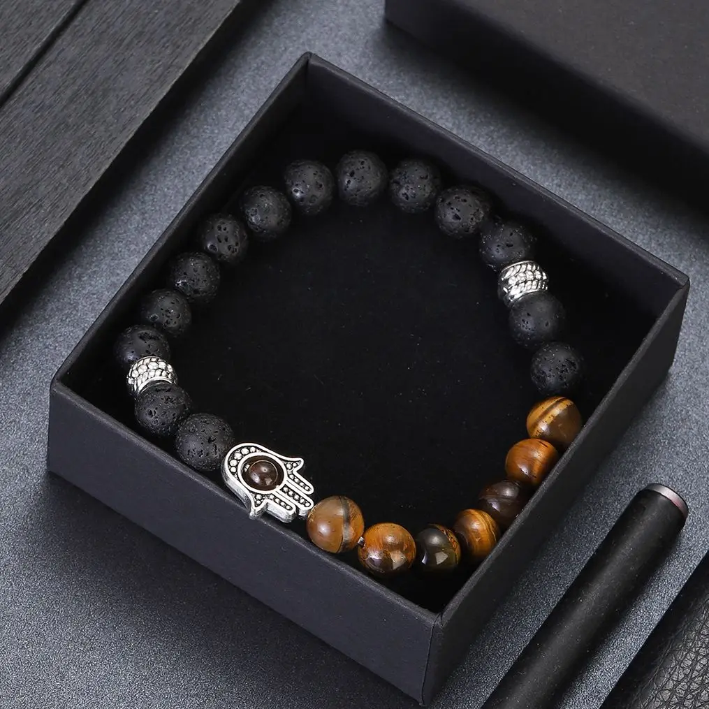 Natural Tiger Eye Lava Beads Chakra Bracciali Per Uomo Donna Lucky Turkish Evil Eye Hand Of Fatima Jewelry Bangles Gifts