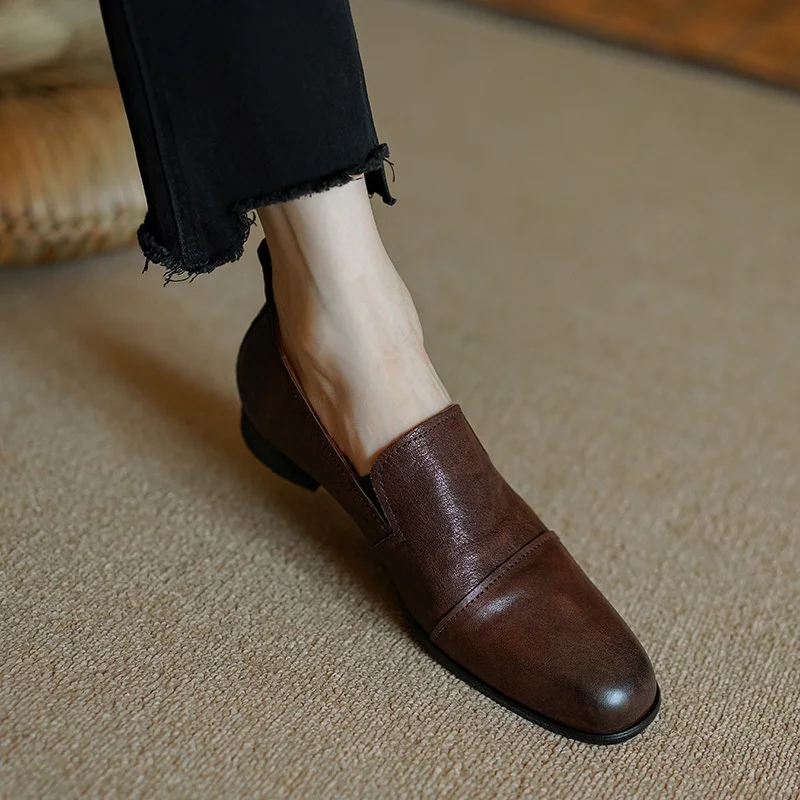 

Retro Shoes For Women Slip On Quality European Loafers Round Toe Simple Shoes British Style Ladies Horsehide Leather Flats