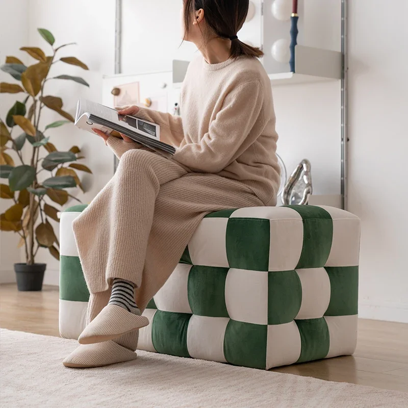 

Checkerboard Square Low Stool: Lamb Fleece Creative Sofa Accessory Black White Check Velvet Shoe Bench for Makeup Area