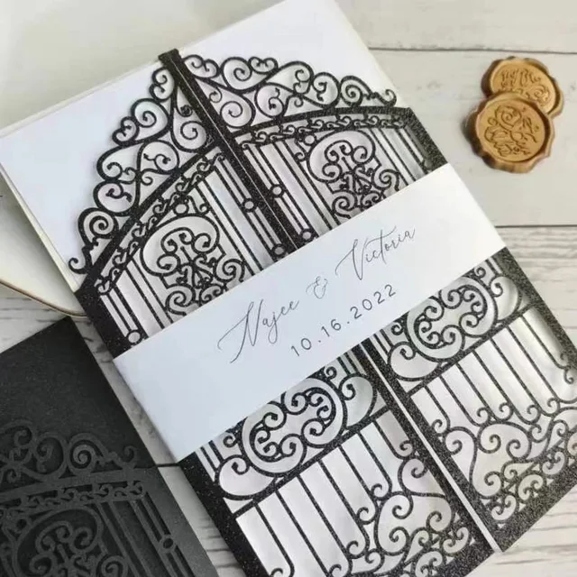 10 Pieces Laser Cut Wedding Gate Love Door Invitation Card Black Pink Gold Engagement Party Greeting Invitations IC165