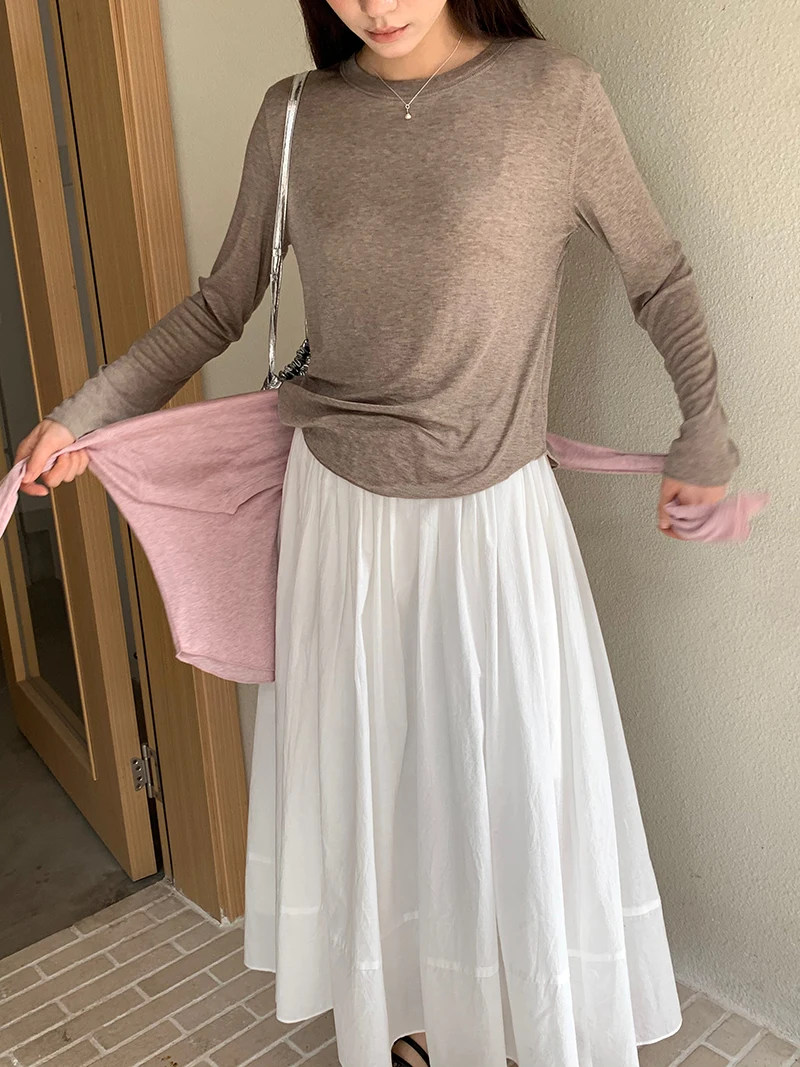 Spring women's casual solid color round neck long sleeved T-shirt 2