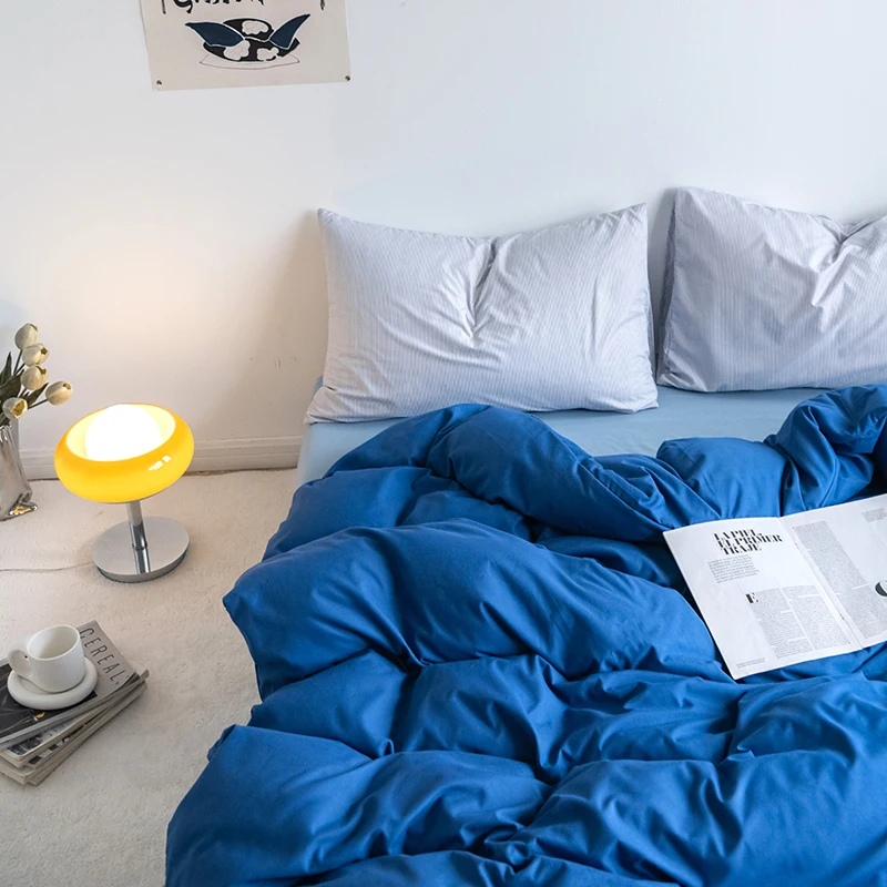 

Solid Color Bedding Set Nordic Single Double Flat Sheet Duvet Cover Pillowcase Washed Fabric Full Queen Size Bed Linen