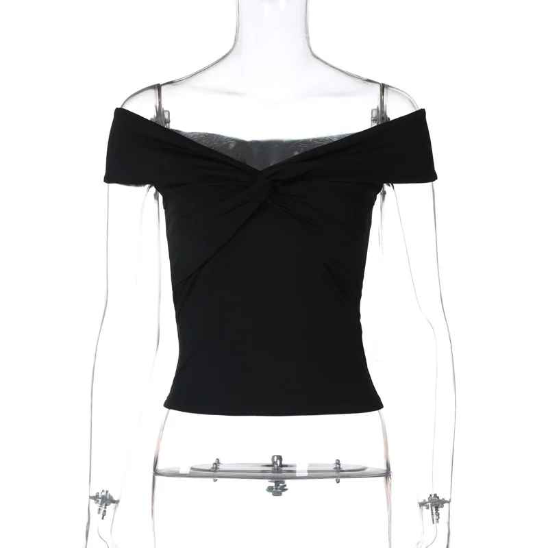 Camiseta con hombros descubiertos y fruncido para mujer, sexy, sin mangas, de color liso, ajustada, con cuello barco, estilo urbano