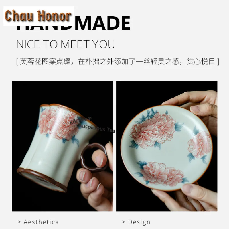 90ml Ru Kiln Porcelain Hibiscus Coffee Mug With Plate Hot Chocolate Cup Afternoon Tea Mug Cup Saucer Kit Teaset Decoration Gift
