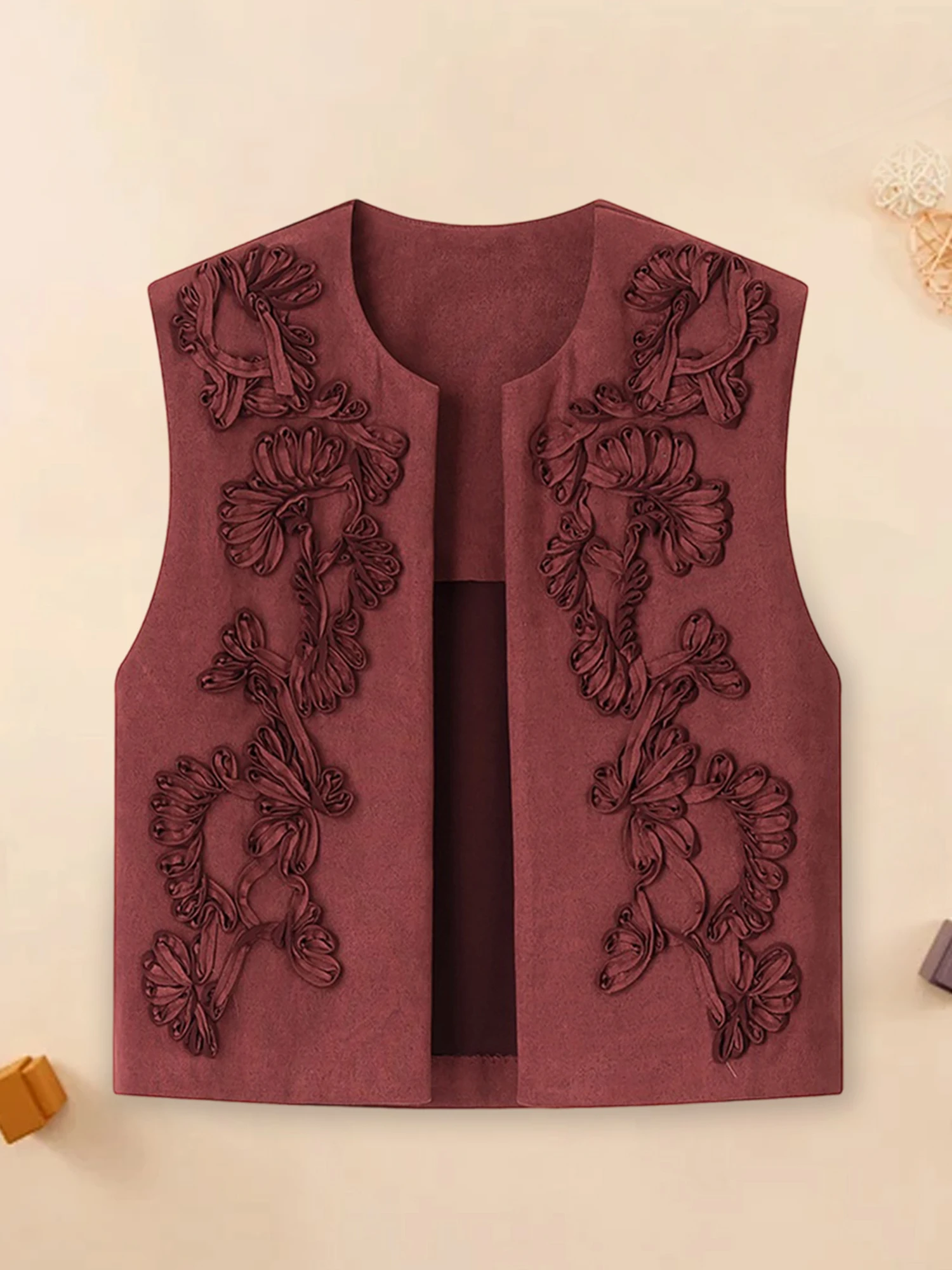 Ladies Autumn Winter Vest Fashionable Faux Suede Embroidered Sleeveless Coat with Casual Chic Design