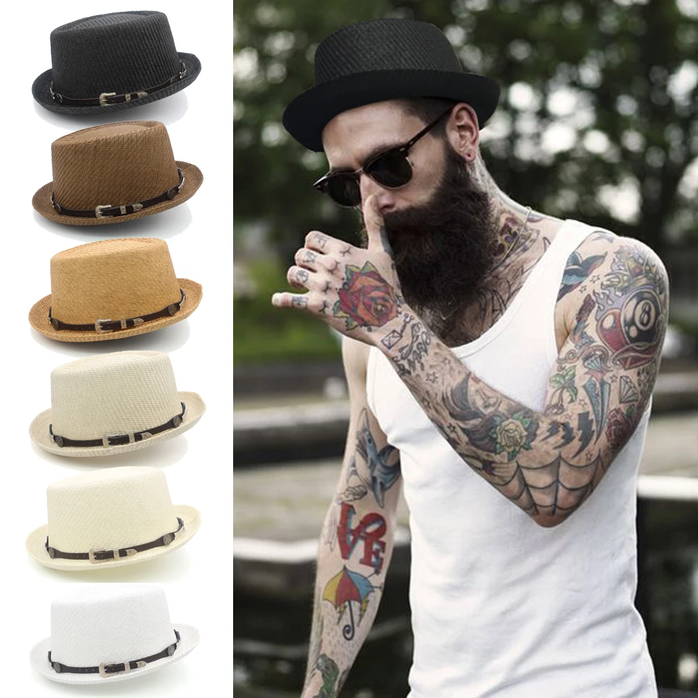 

Men Women Classical Straw Pork Pie Hats Fedora Sunhats Trilby Caps Summer Boater Beach Outdoor Travel Party Size US 7 1/4 UK L