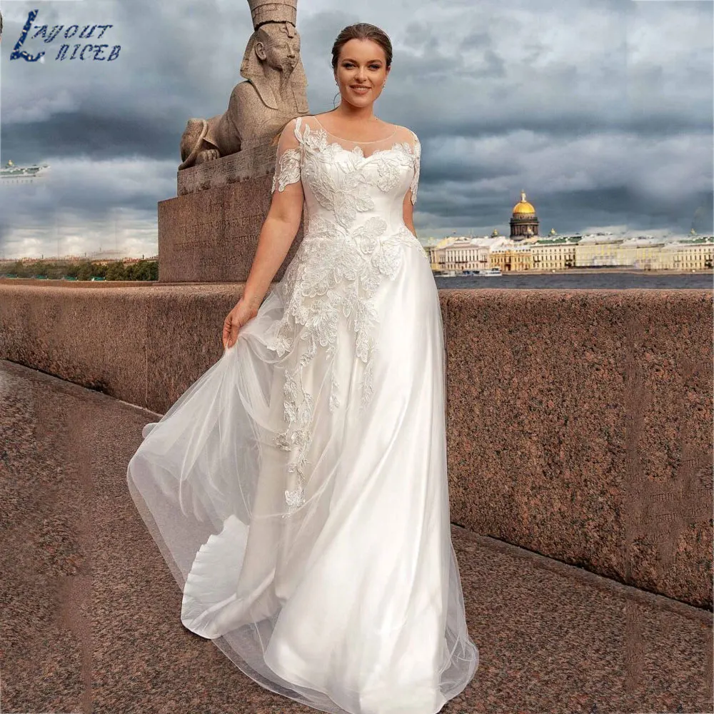 

LAYOUT NICEB Boho O-Neck A-Line Wedding Dress Beach Short Sleeves Backless Bridal Gown Back Button Appliques vestidos para mujer