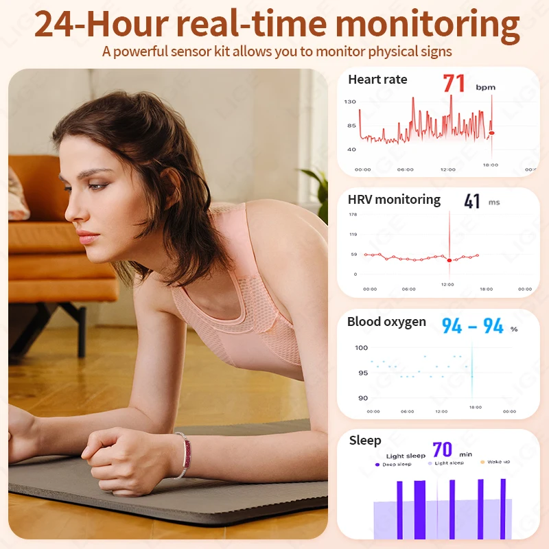 LIGE Ladies Smart Band 5ATM Waterproof Smartwatch Women Health Monitor Sports Fitness Pedometer Diamond Jewellery Bracelet Gifts