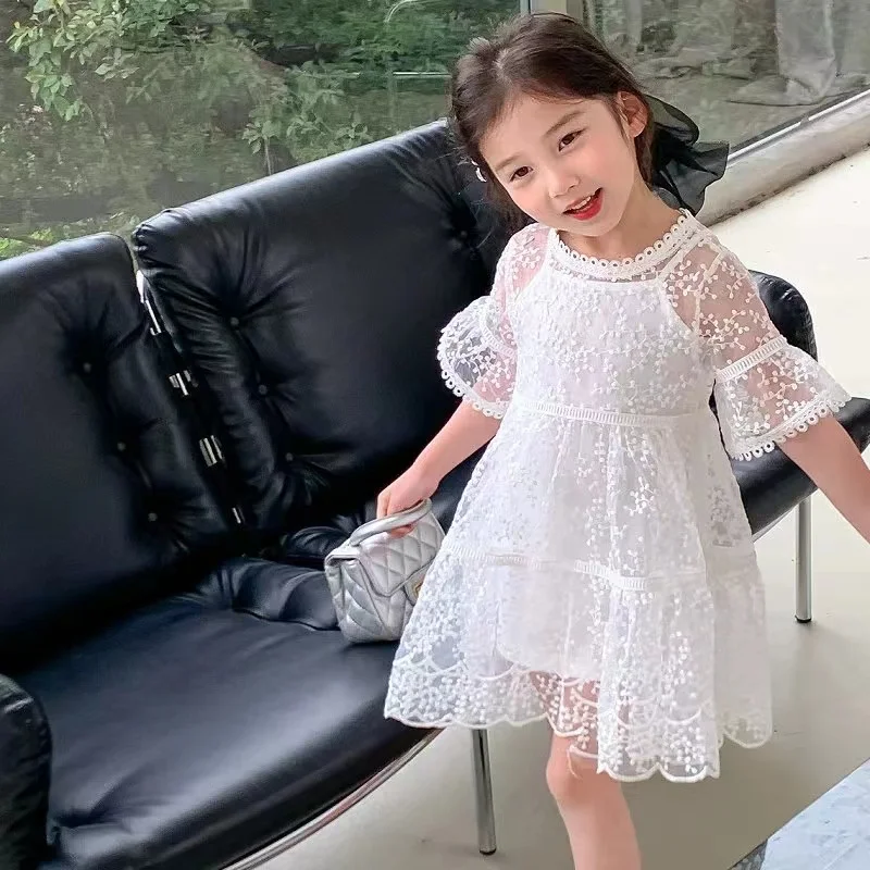 

Girls' Suits Hollow Lace Medium Sleeve Dress And Suspenders Underwear 2023 Summer New Children'S Clothing